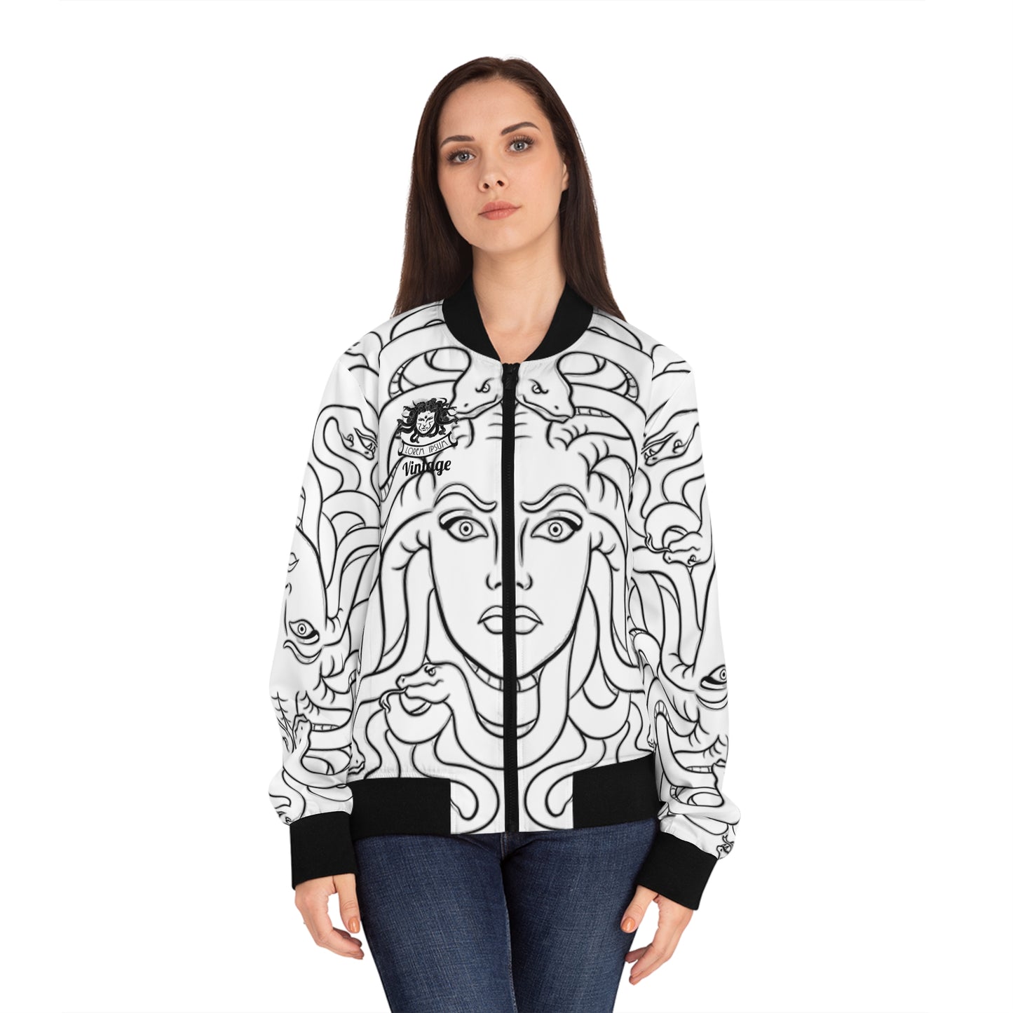 Women's Black on White Madusa Bomber Jacket (AOP)