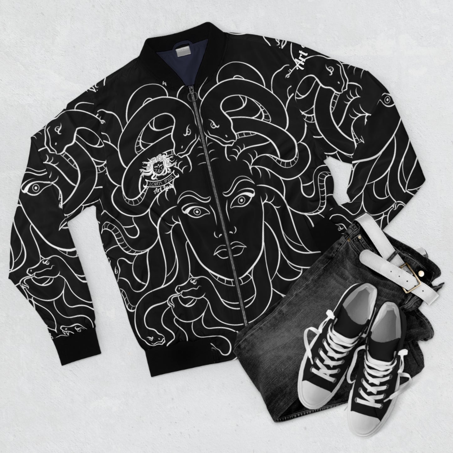 Men's Full Black/White Madusa Bomber Jacket (AOP)