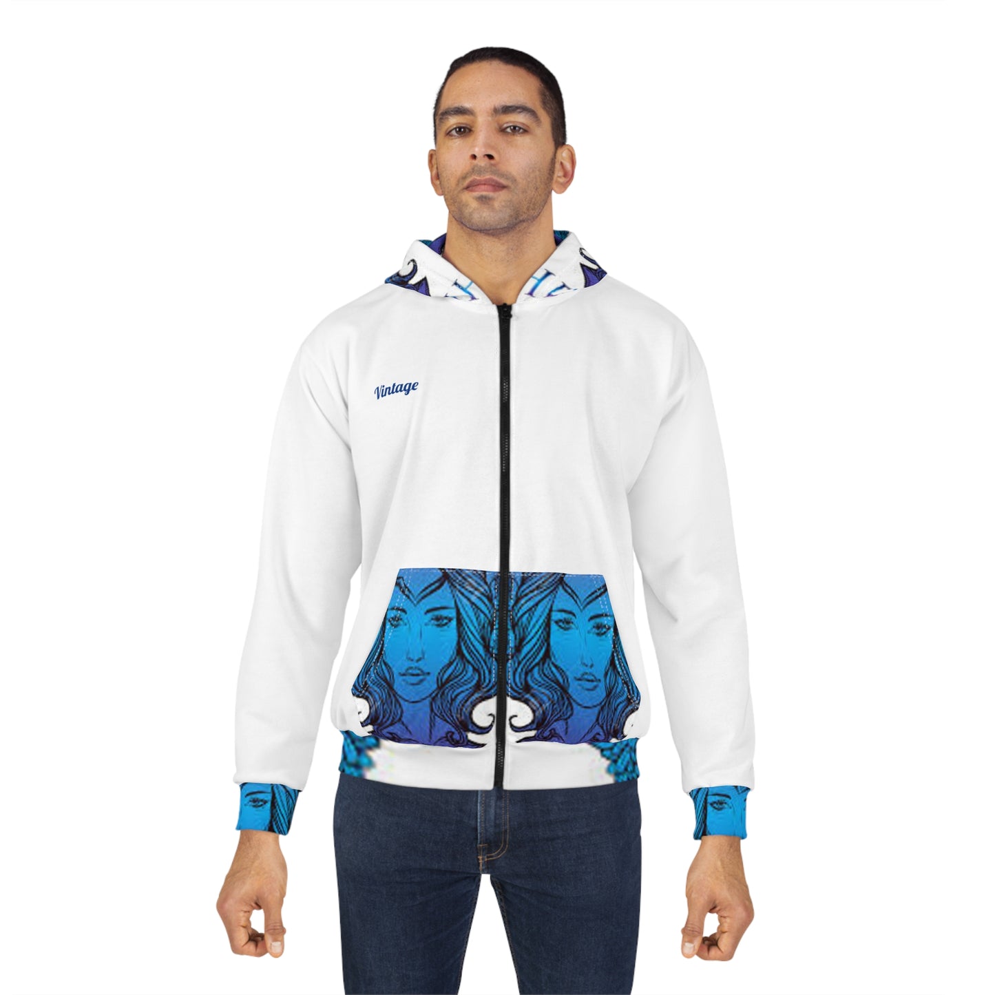 Vintage Blue L.O.H. Art Lust Hermes Unisex Zip Hoodie (AOP)