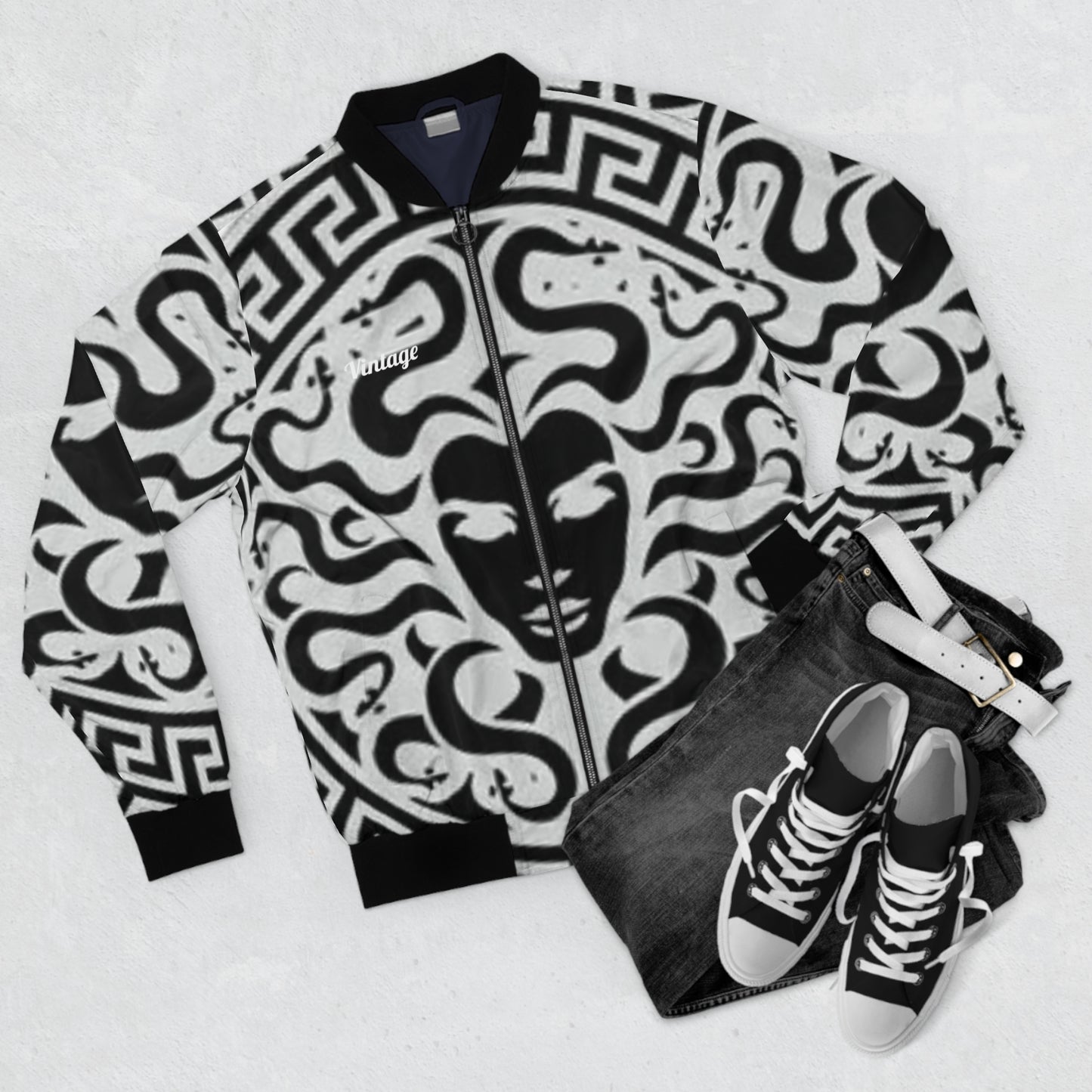 Men's White/Black Lion Madusa Bomber Jacket (AOP)