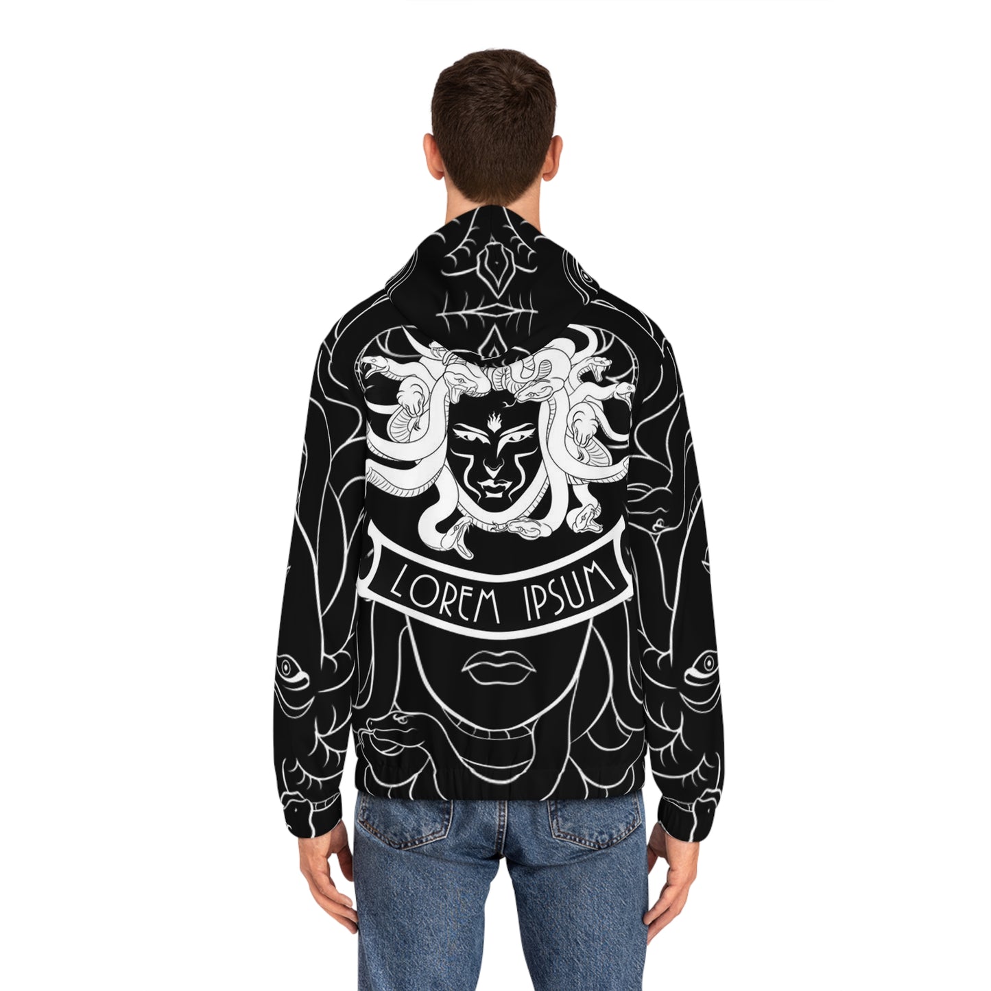 Men's White/Black Madusa Full-Zip Hoodie (AOP)