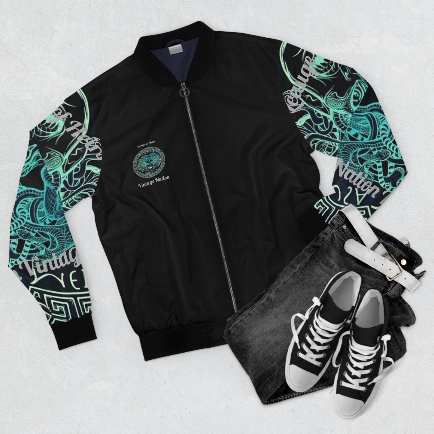 Men's Black/Green Hue Madusa Bomber Jacket (AOP)