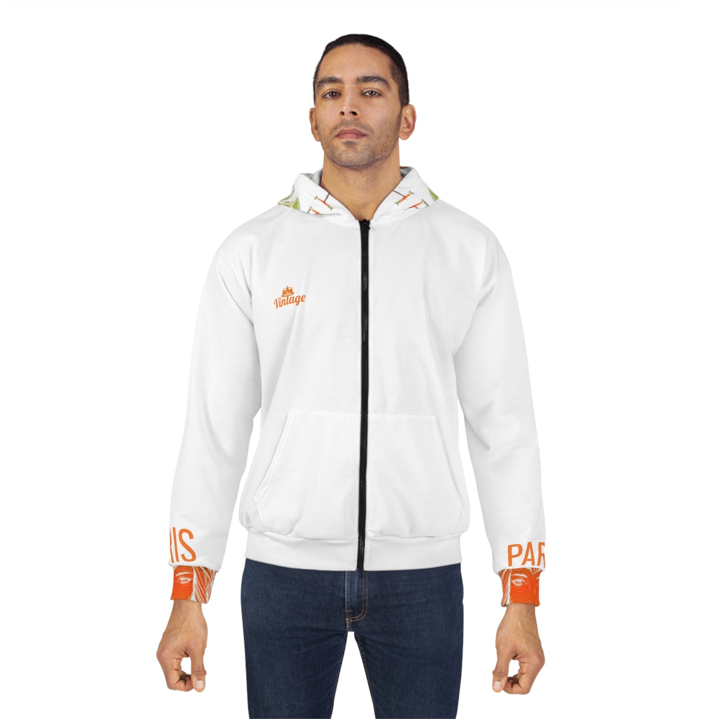 Vintage Orange L.O.H. Art Lust Hermes Unisex Zip Hoodie (AOP)