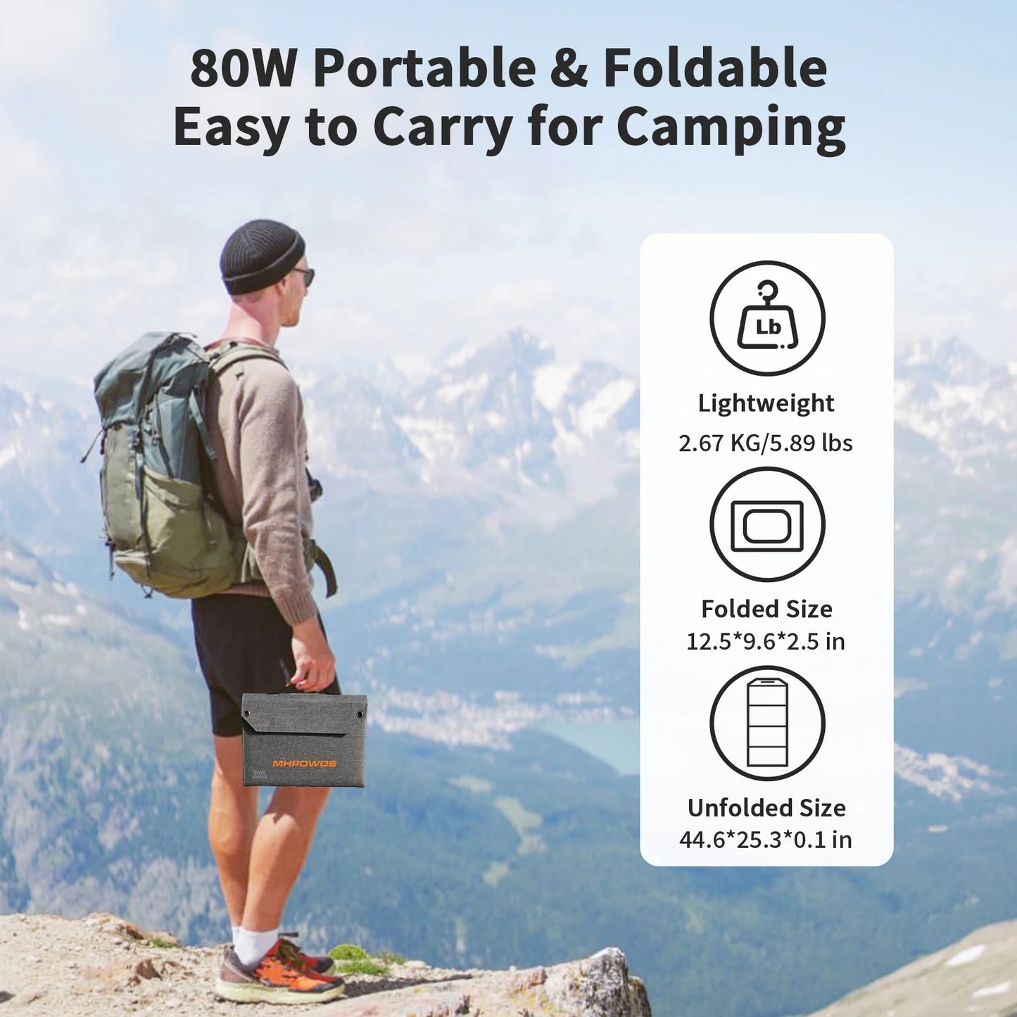 MHPOWOS 80W Foldable Solar Panel, Portable Power Supply with 4 Ports (DC/USB-C/2xUSB-A) & 7-in-1 Connector for Emergency Backup