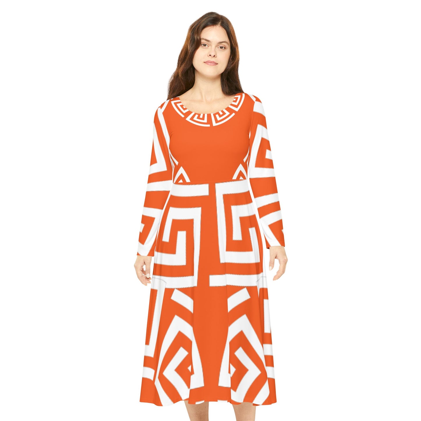 Women's Orange/White Greek Pattern Art Lust Dance Dress (AOP)
