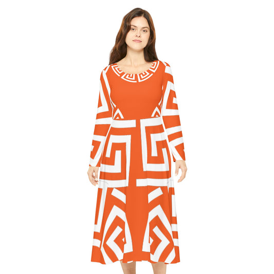 Women's Orange/White Greek Pattern Art Lust Dance Dress (AOP)