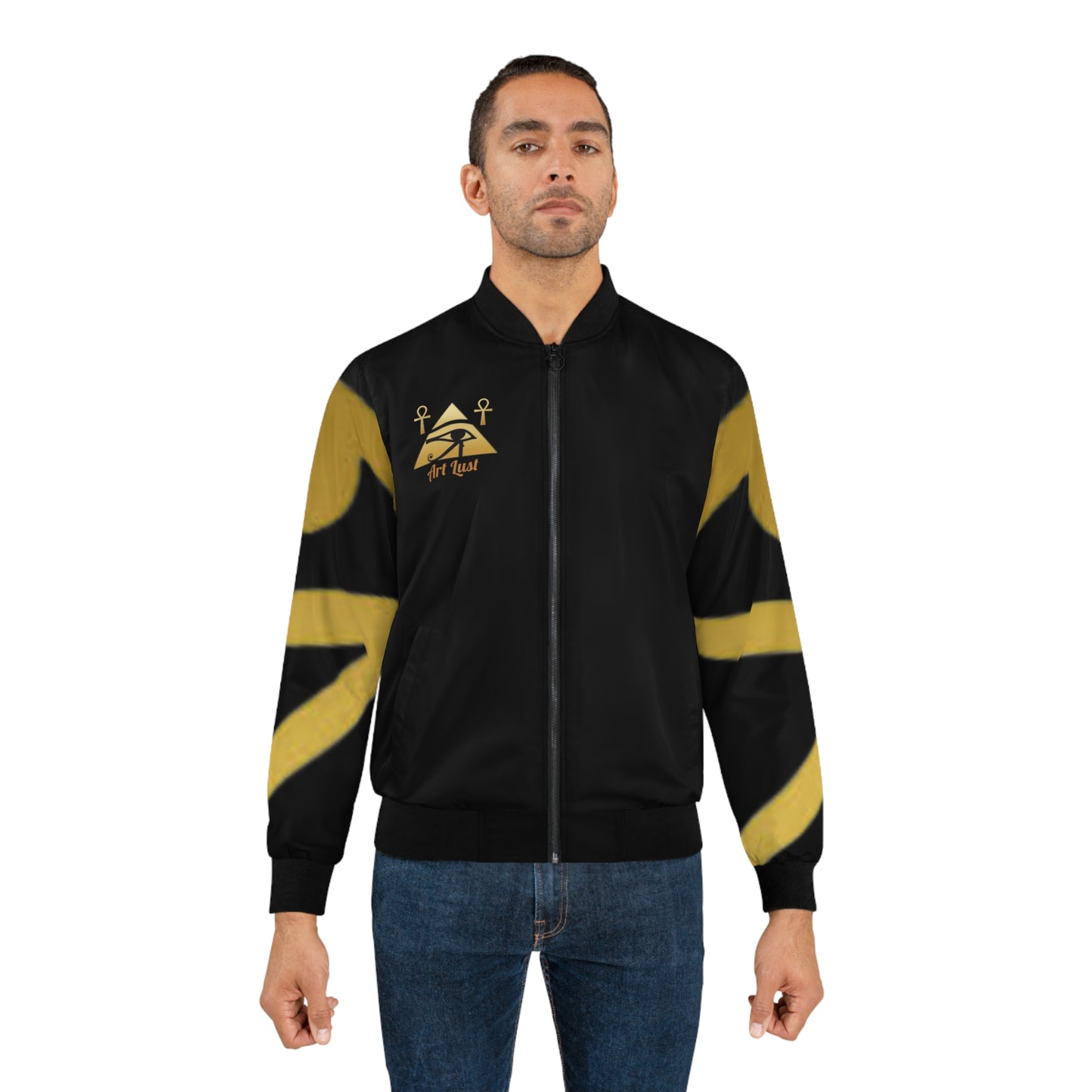 Men's Black/Gold Hidden Anubus Bomber Jacket (AOP)