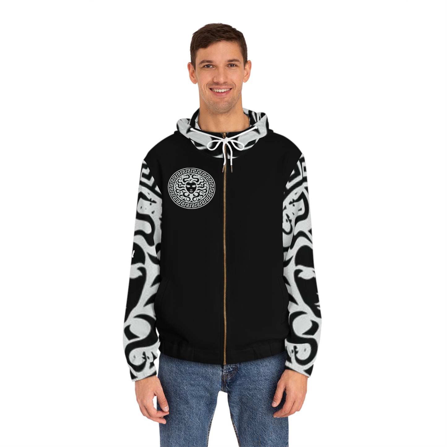 Men's Black/White Madusa Full-Zip Hoodie (AOP)