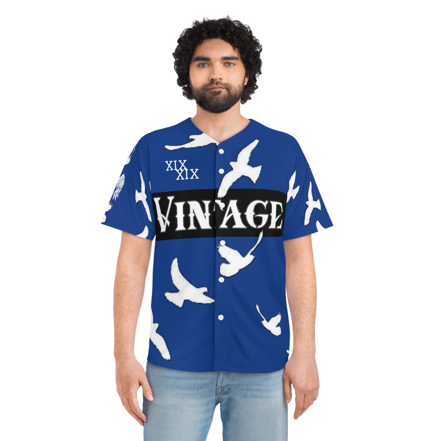 Men's Blue/White Vintage Art Lust Dove's Above Baseball Jersey
