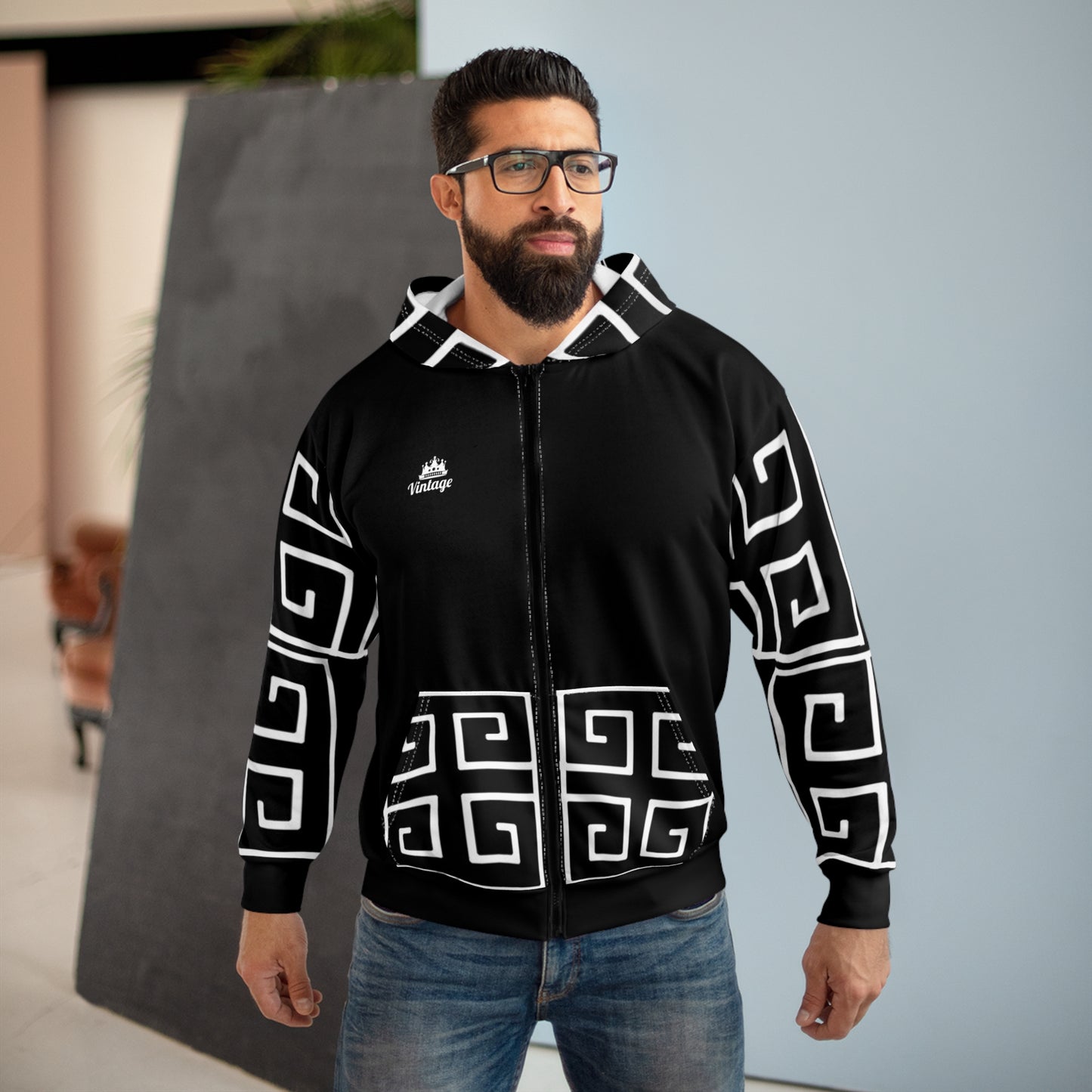 Vintage Art Lust Greek Patterned Unisex Zip Hoodie (AOP)