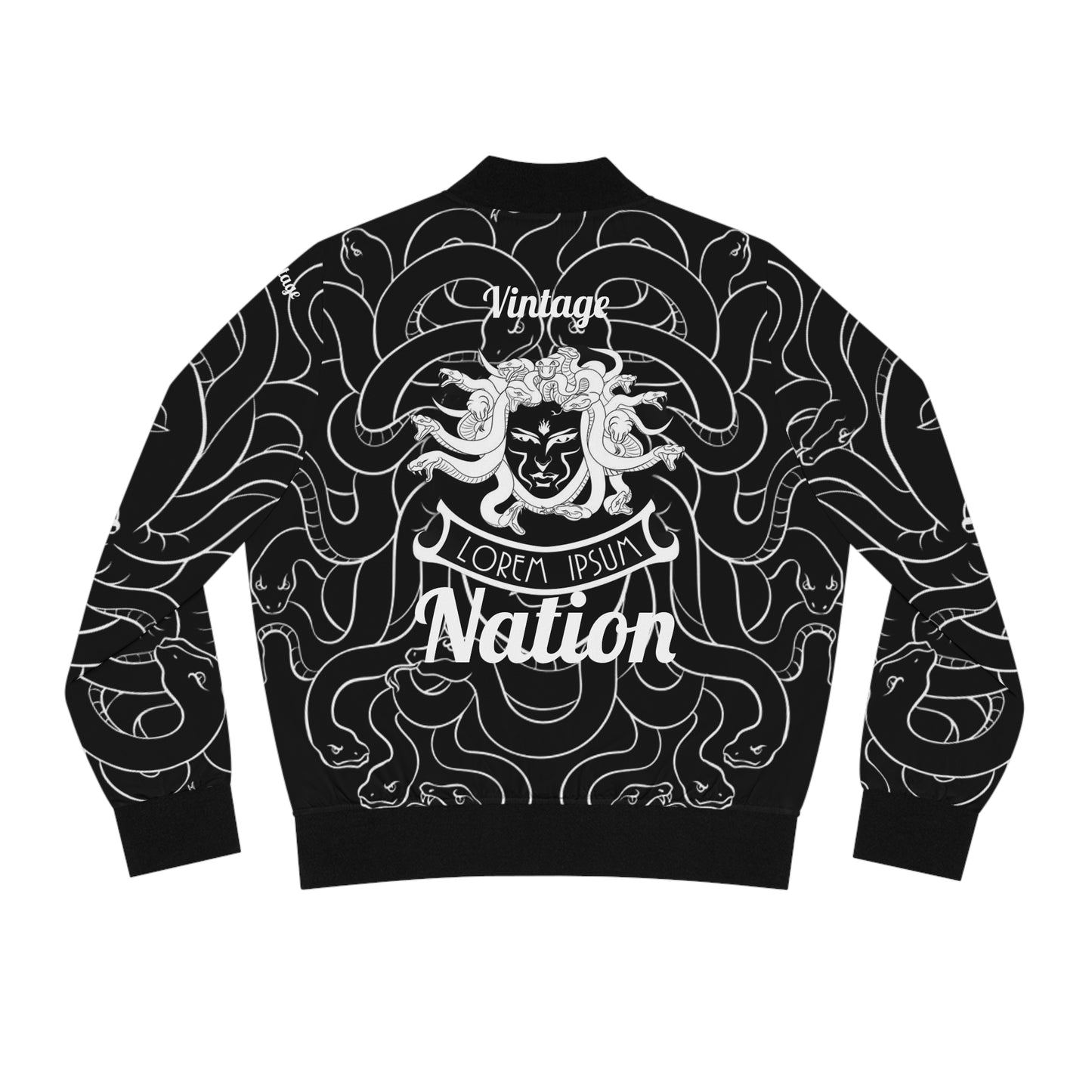 Women's Black/White Madusa Bomber Jacket (AOP)