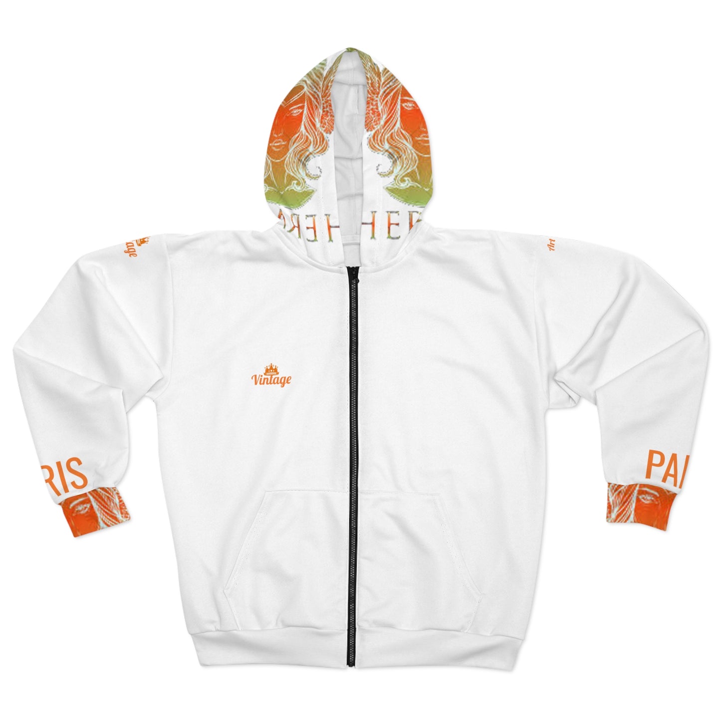 Vintage Orange L.O.H. Art Lust Hermes Unisex Zip Hoodie (AOP)