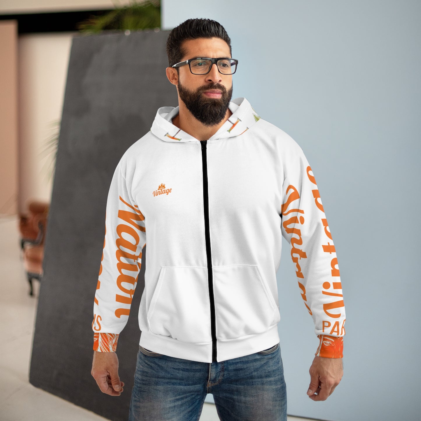 Vintage Nation Orange L.O.H. Art Lust Hermes Unisex Zip Hoodie (AOP)