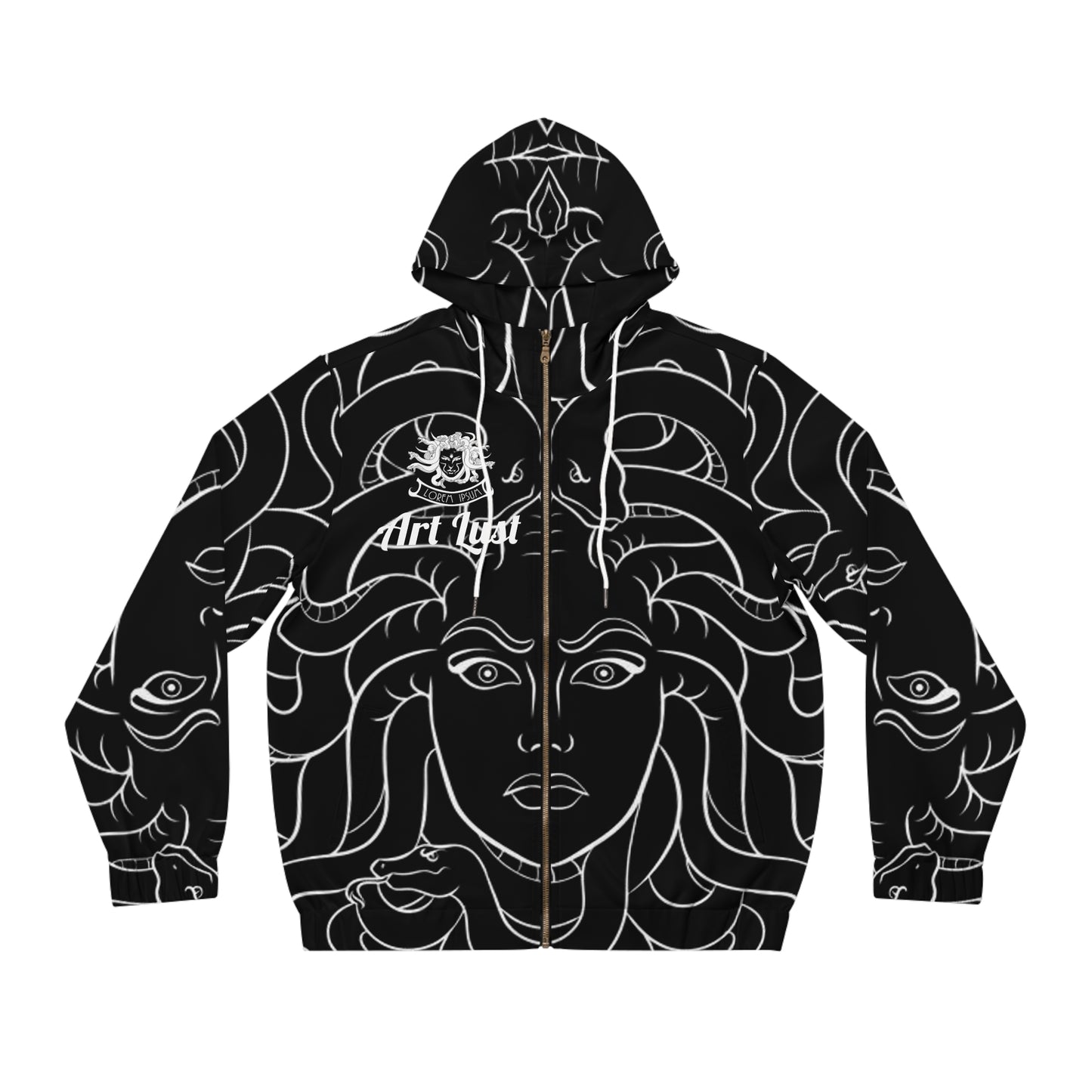 Men's White/Black Madusa Full-Zip Hoodie (AOP)