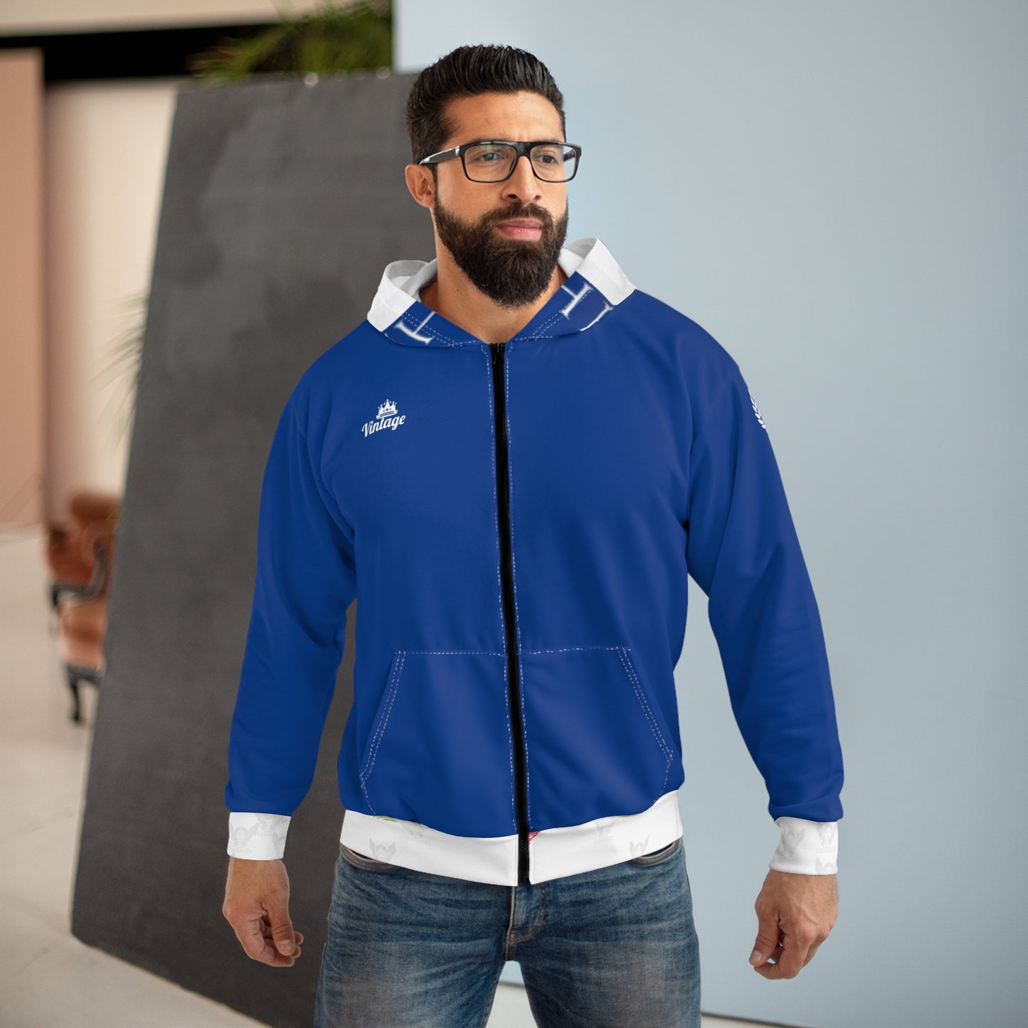 Vintage Blue/ White L.O.H. Art Lust Hermes Unisex Zip Hoodie (AOP)