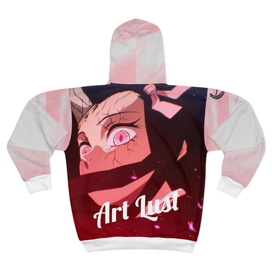 White/Pink Nezuko Art Lust Zip Hoodie (AOP)