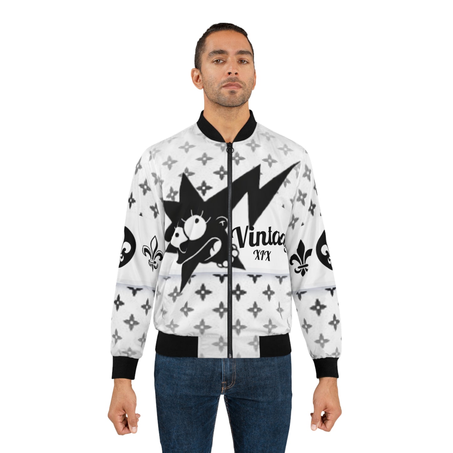 Men's Black on White Art Lust Lisa Bomber Jacket (AOP)