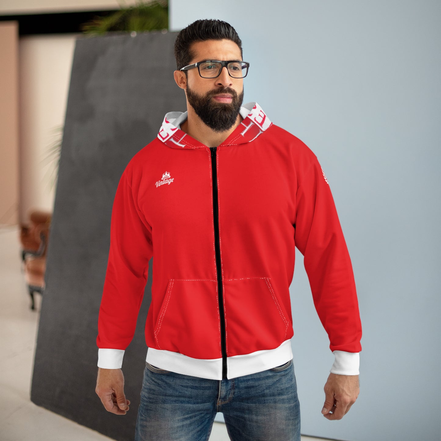 Vintage Red L.O.H. Art Lust Hermes Unisex Zip Hoodie (AOP)