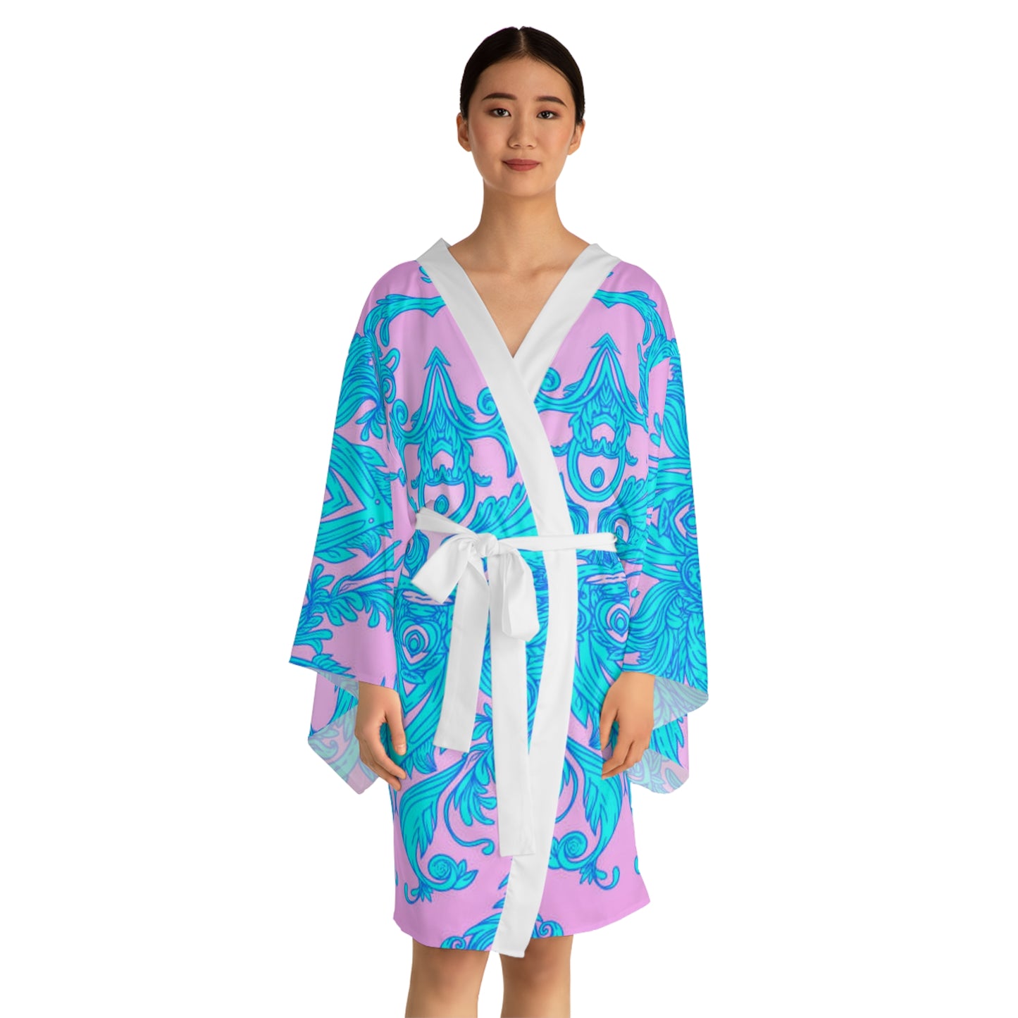 Vibrant Boho Long Sleeve Kimono Robe | Cute Pink & Blue Design