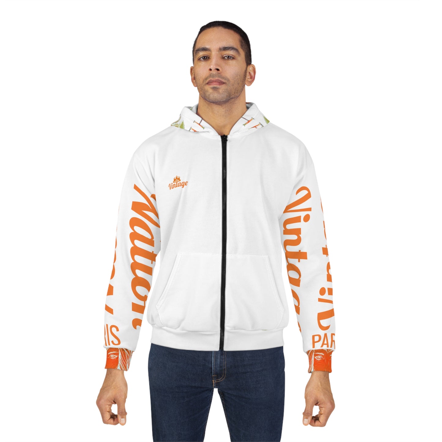 Vintage Nation Orange L.O.H. Art Lust Hermes Unisex Zip Hoodie (AOP)