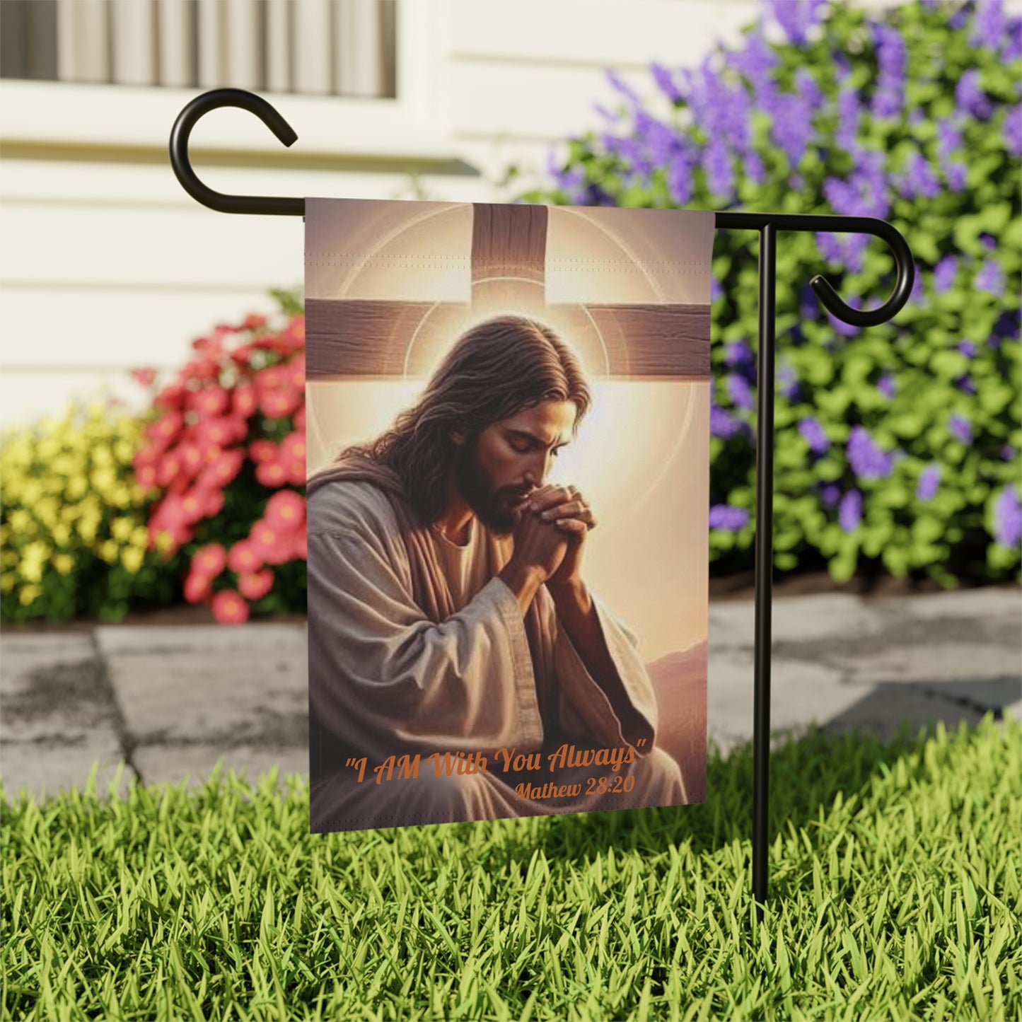 Praying Jesus Garden Flag - "I Am With You Always" Matthew 28:20 Decorative Yard Banner
