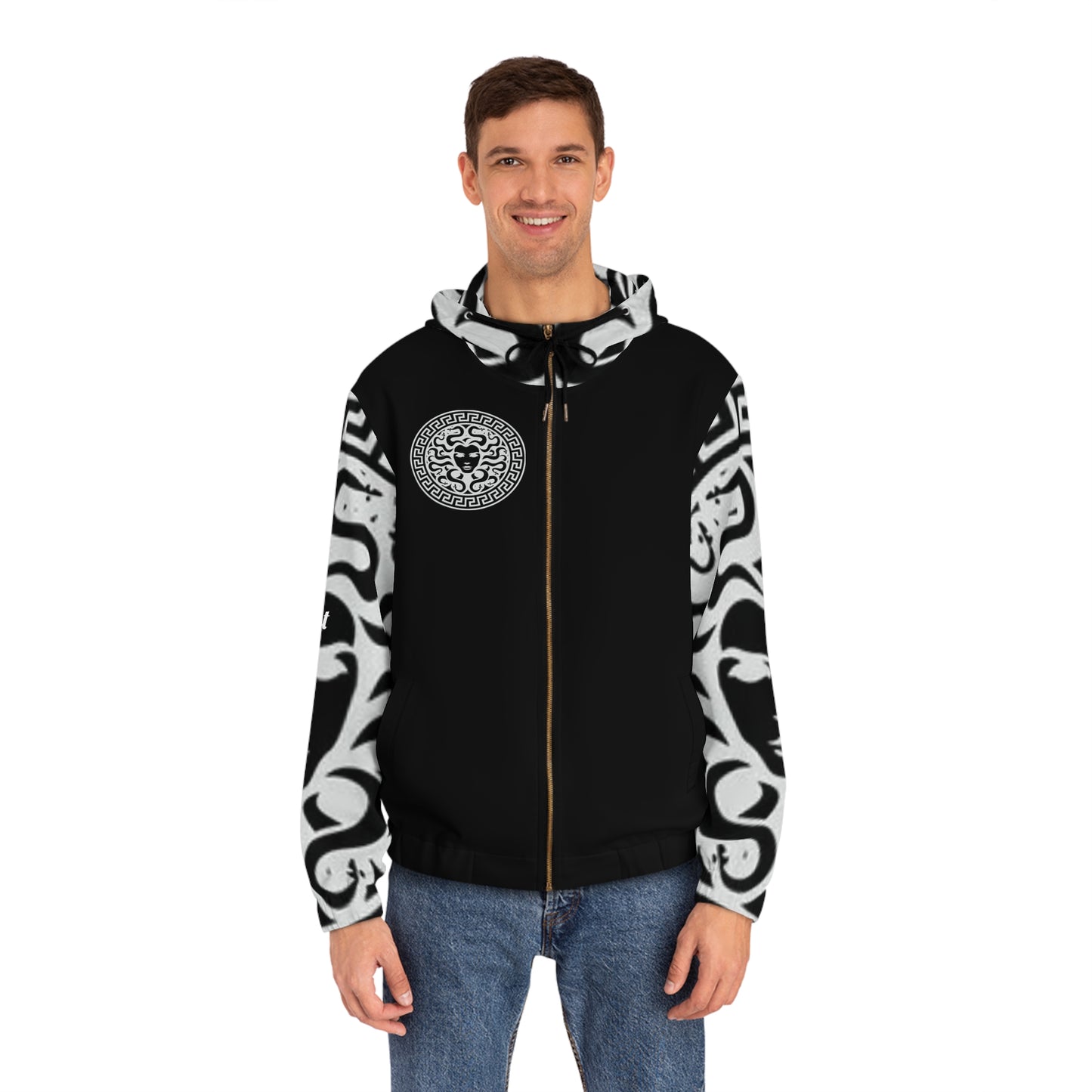 Men's Black/White Madusa Full-Zip Hoodie (AOP)