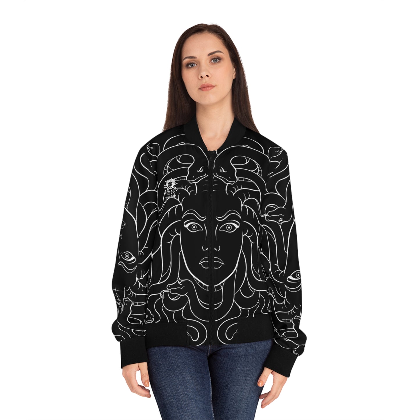 Women's Black/White Madusa Bomber Jacket (AOP)