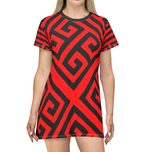 Red/Black Greek Pattern Art Lust T-Shirt Dress (AOP)