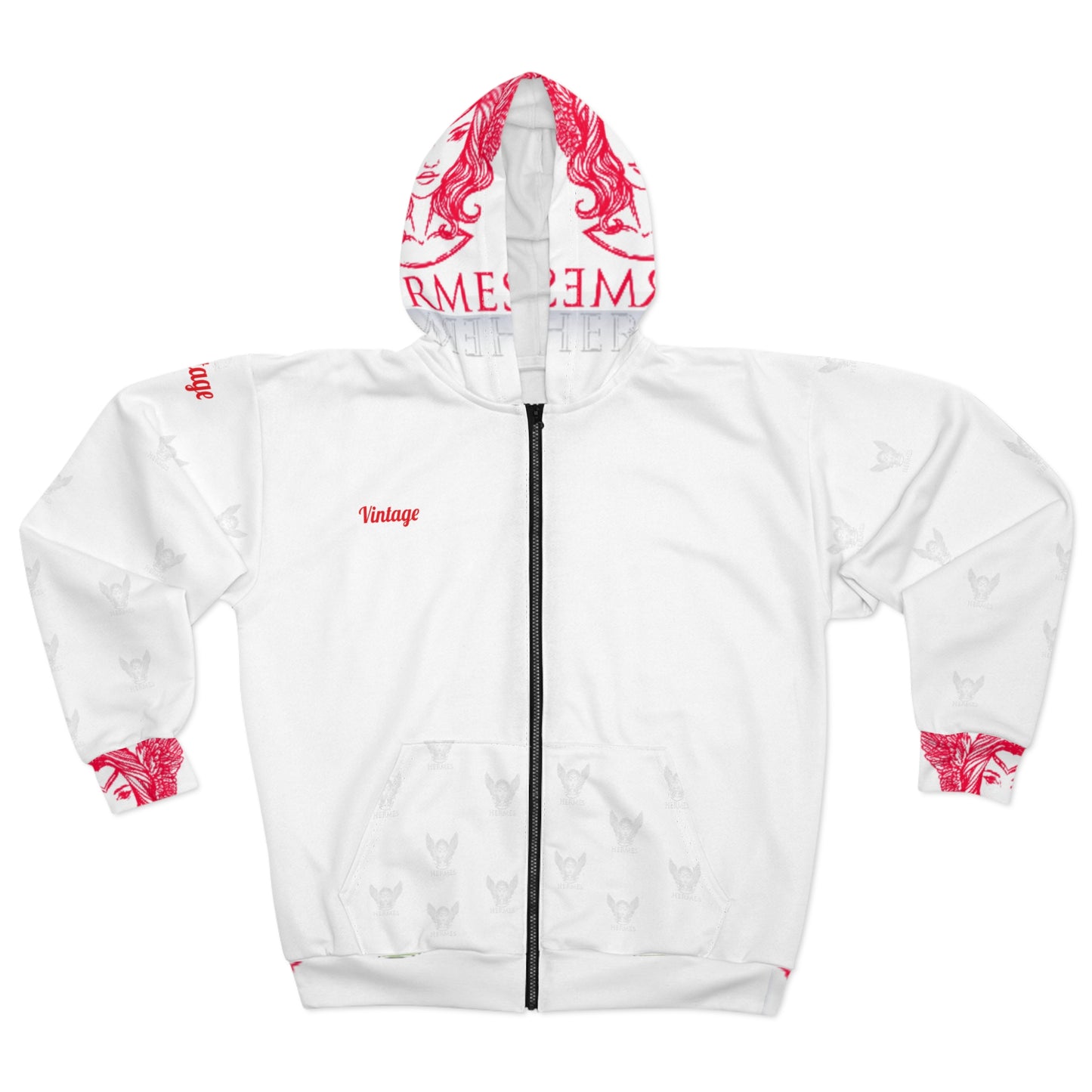Vintage Red/White L.O.H. Art Lust Hermes Unisex Zip Hoodie (AOP)
