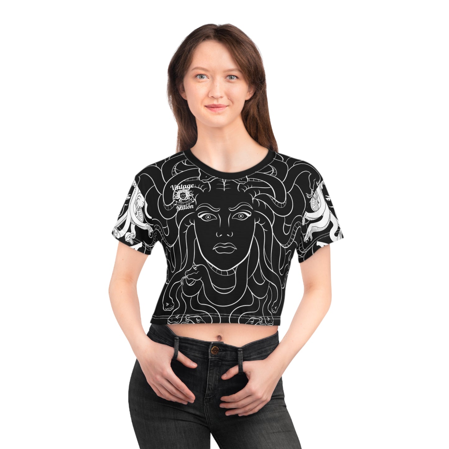 Black/White Madusa Crop Tee (AOP)