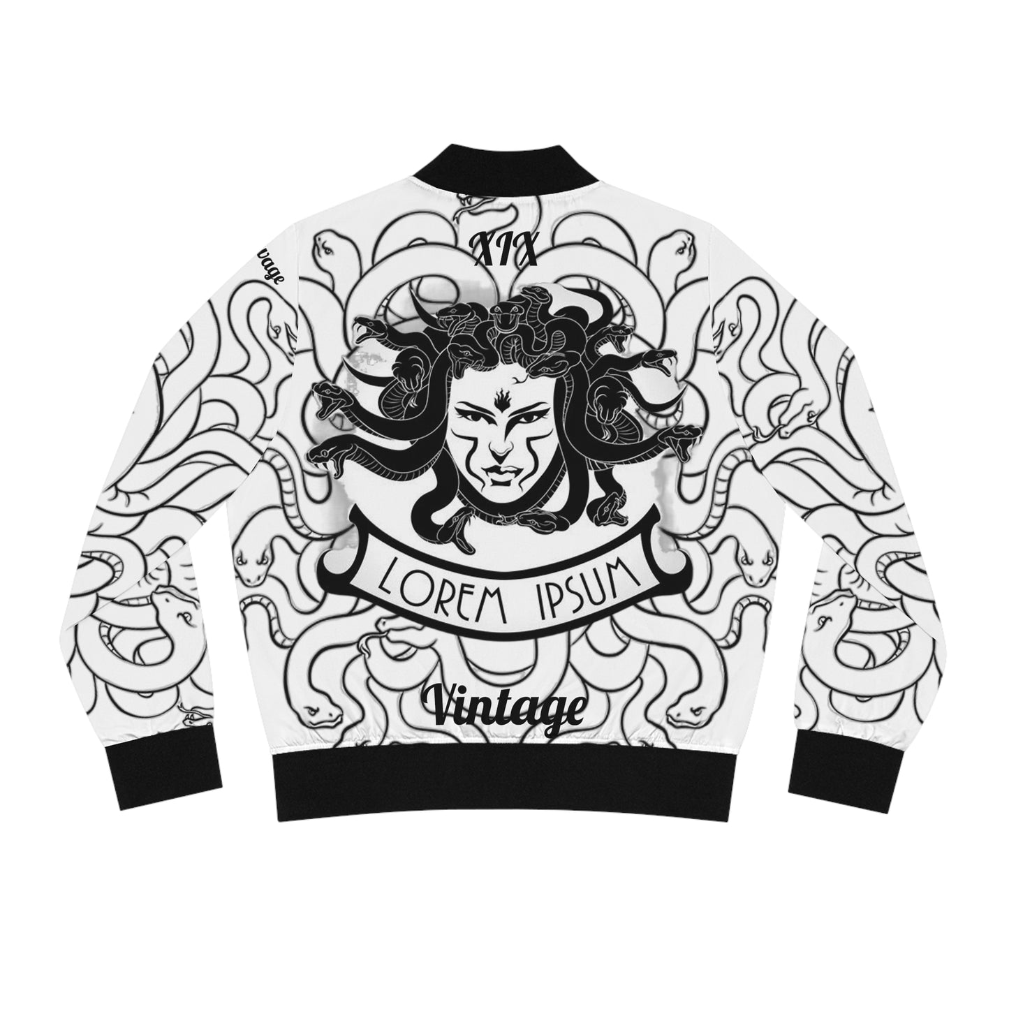 Women's Black on White Madusa Bomber Jacket (AOP)