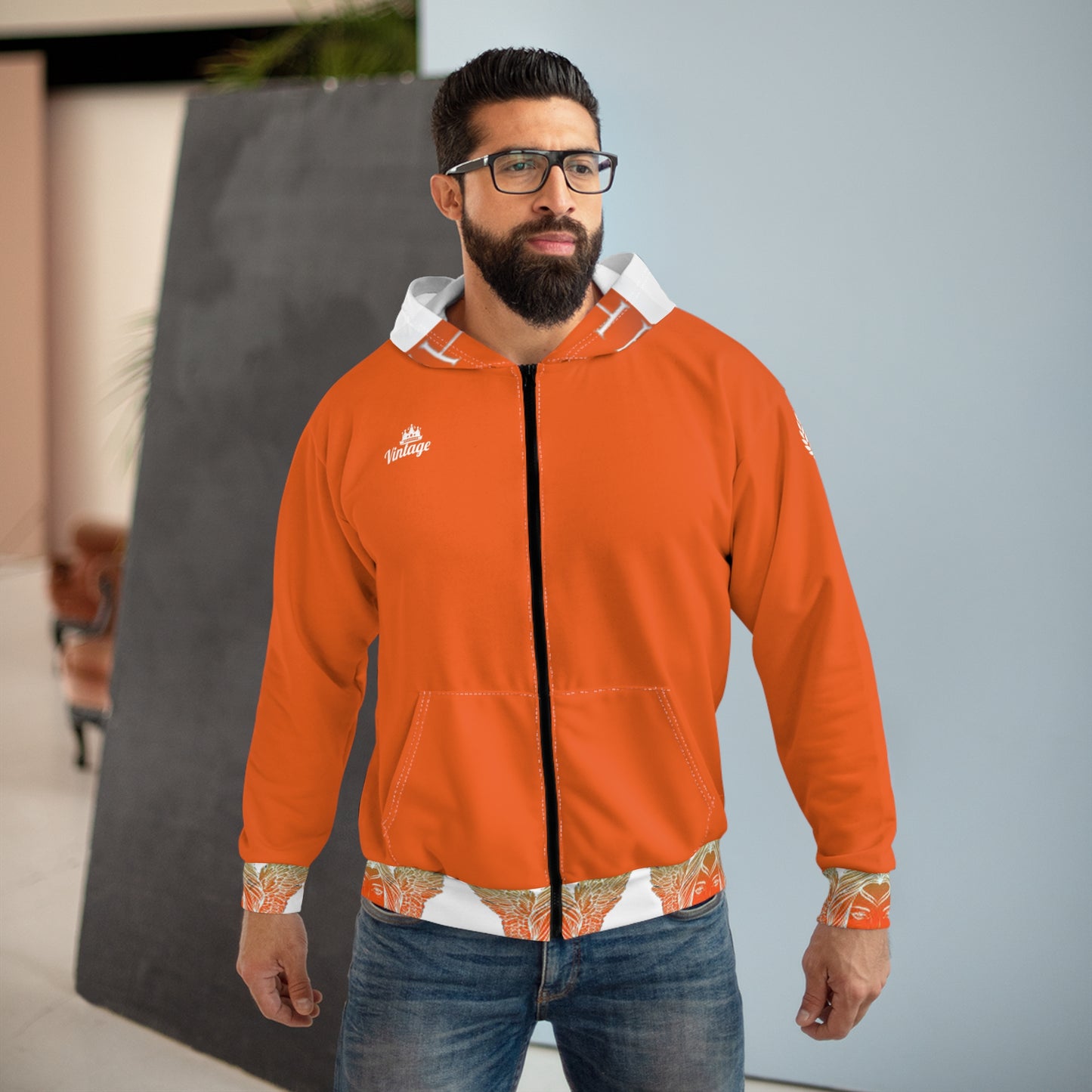 Vintage Dark Orange L.O.H. Art Lust Hermes Unisex Zip Hoodie (AOP)