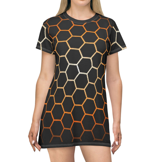 Gold/Black Honeycomb Pattern Art Lust T-Shirt Dress (AOP)