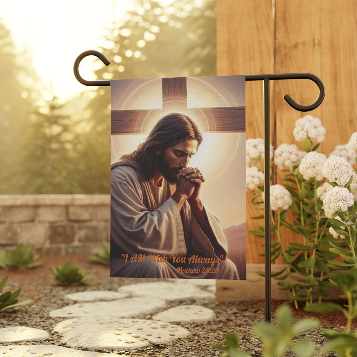 Praying Jesus Garden Flag - "I Am With You Always" Matthew 28:20 Decorative Yard Banner