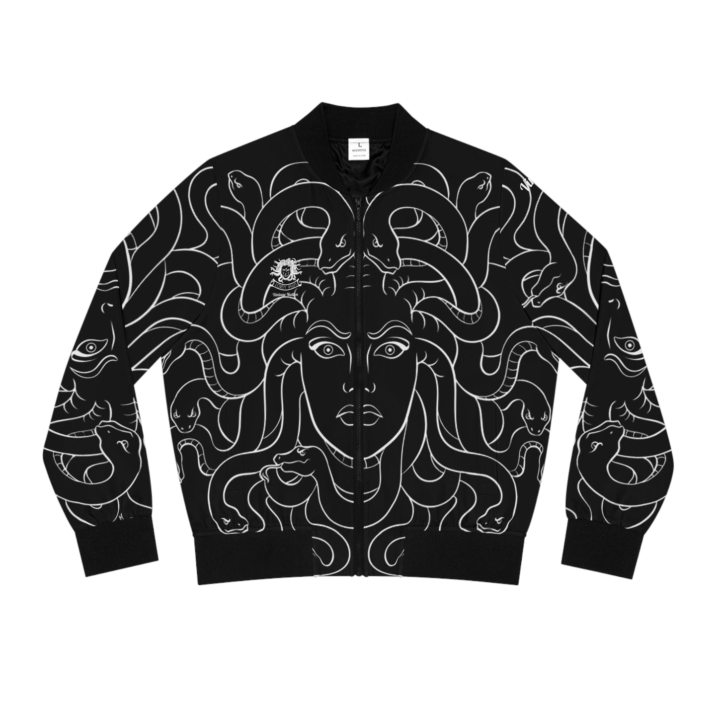 Women's Black/White Madusa Bomber Jacket (AOP)