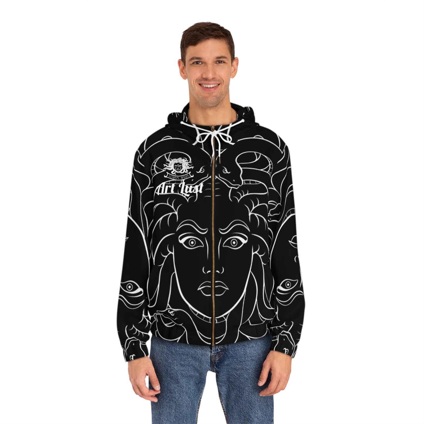 Men's White/Black Madusa Full-Zip Hoodie (AOP)