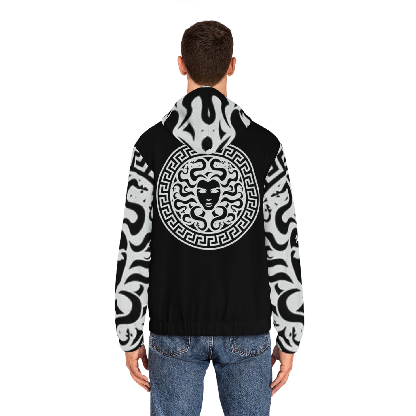Men's Black/White Madusa Full-Zip Hoodie (AOP)