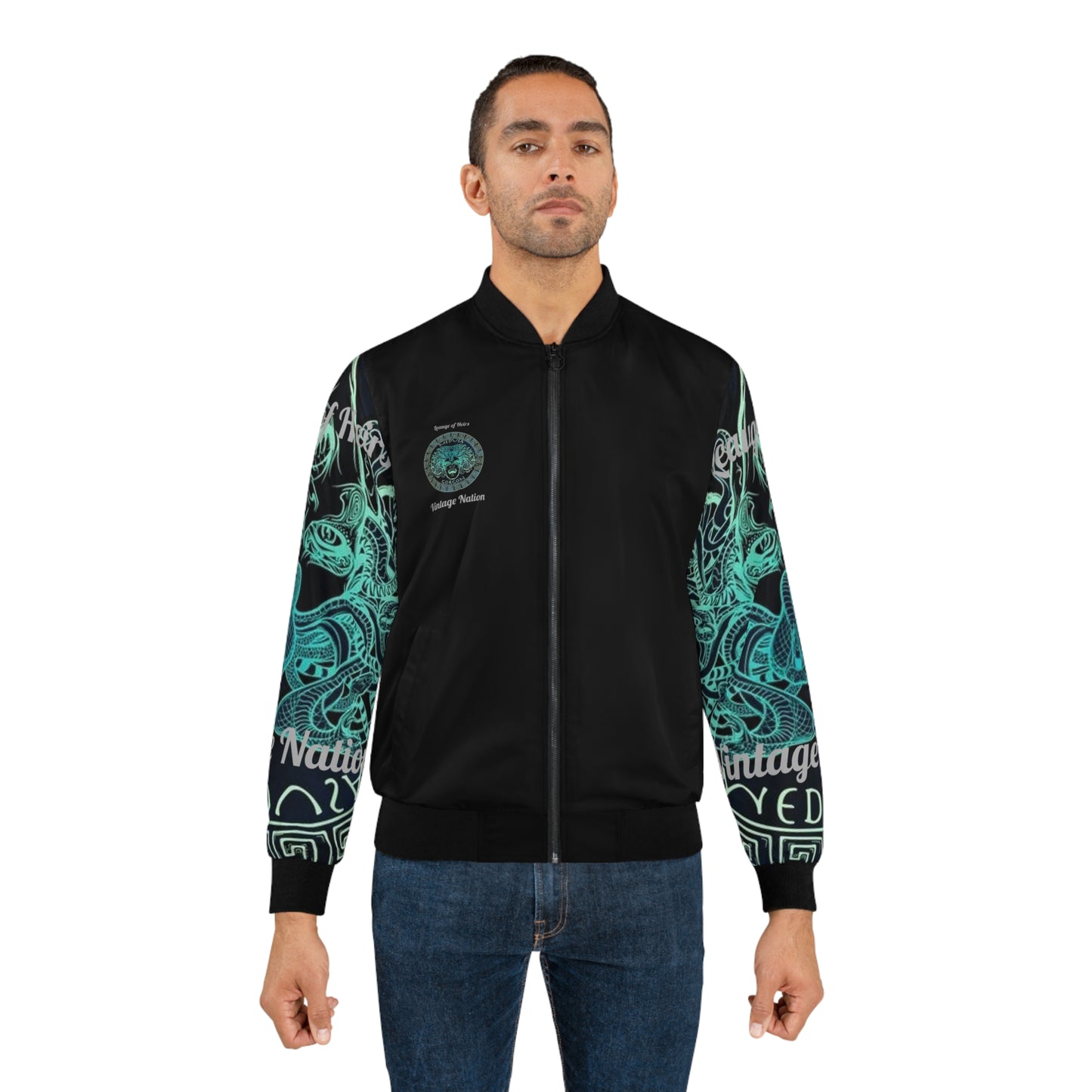 Men's Black/Green Hue Madusa Bomber Jacket (AOP)