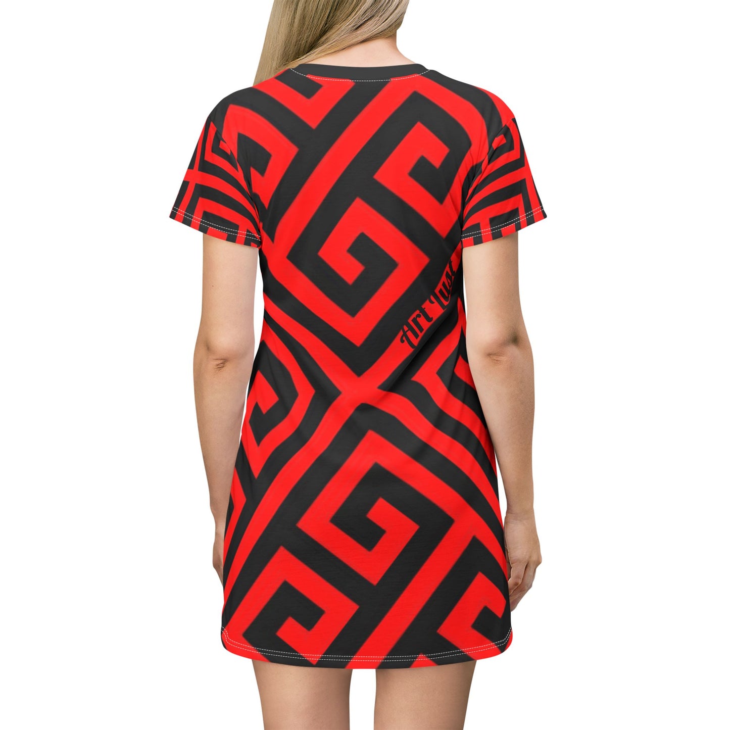 Red/Black Greek Pattern Art Lust T-Shirt Dress (AOP)