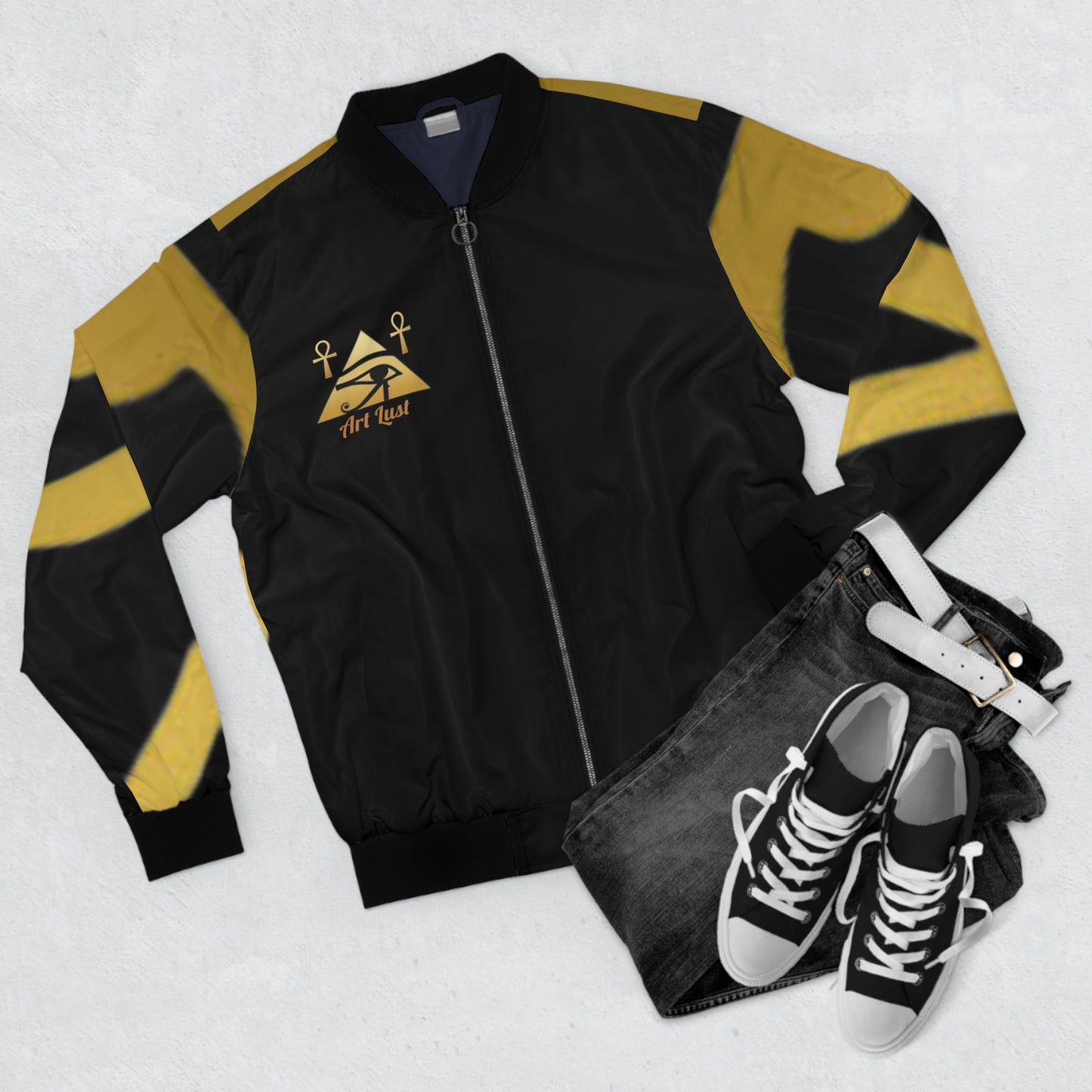 Men's Black/Gold Hidden Anubus Bomber Jacket (AOP)
