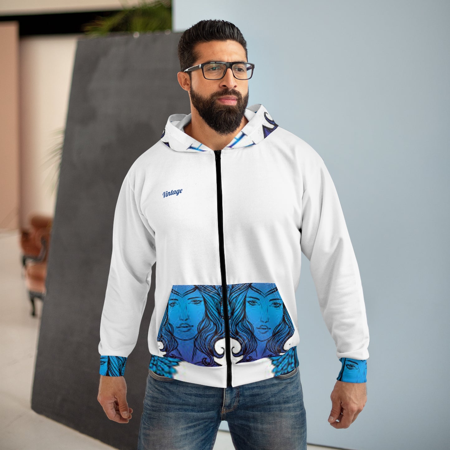 Vintage Blue L.O.H. Art Lust Hermes Unisex Zip Hoodie (AOP)