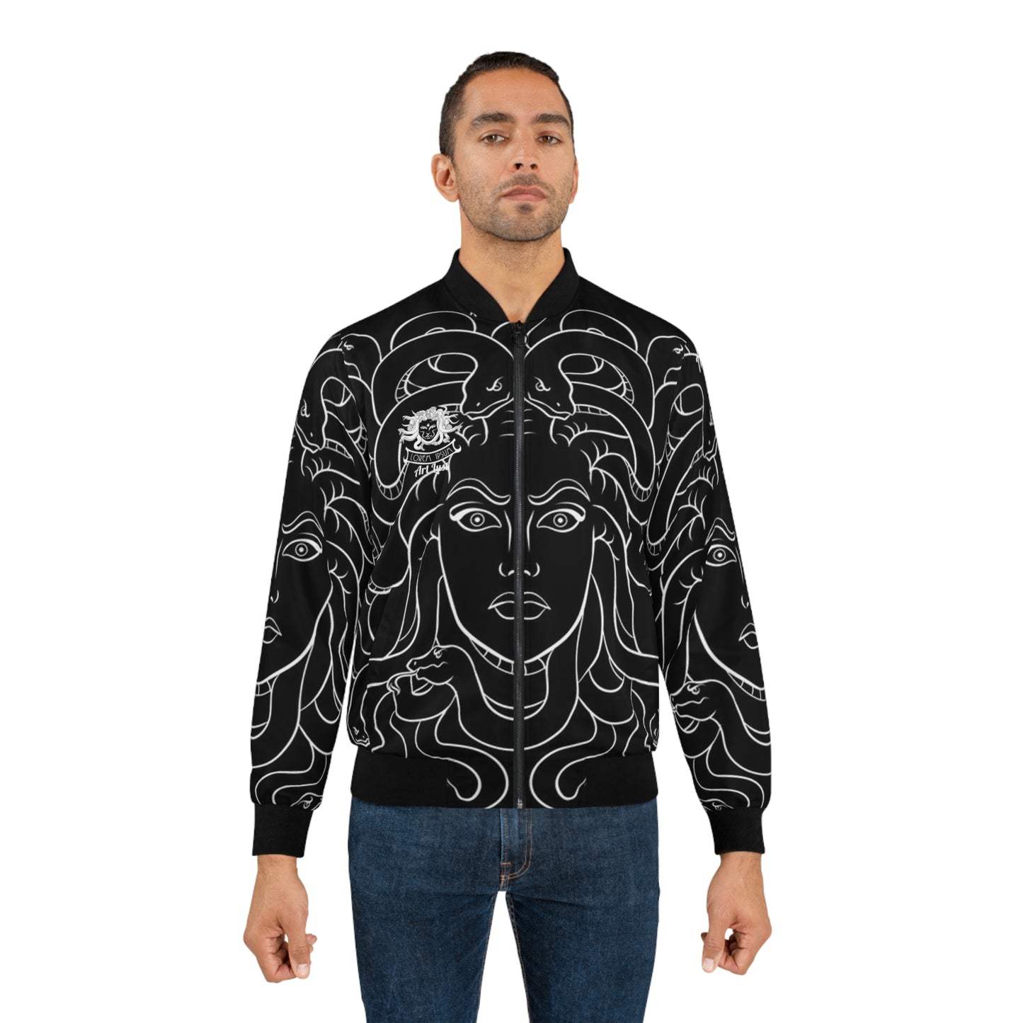 Men's Full Black/White Madusa Bomber Jacket (AOP)