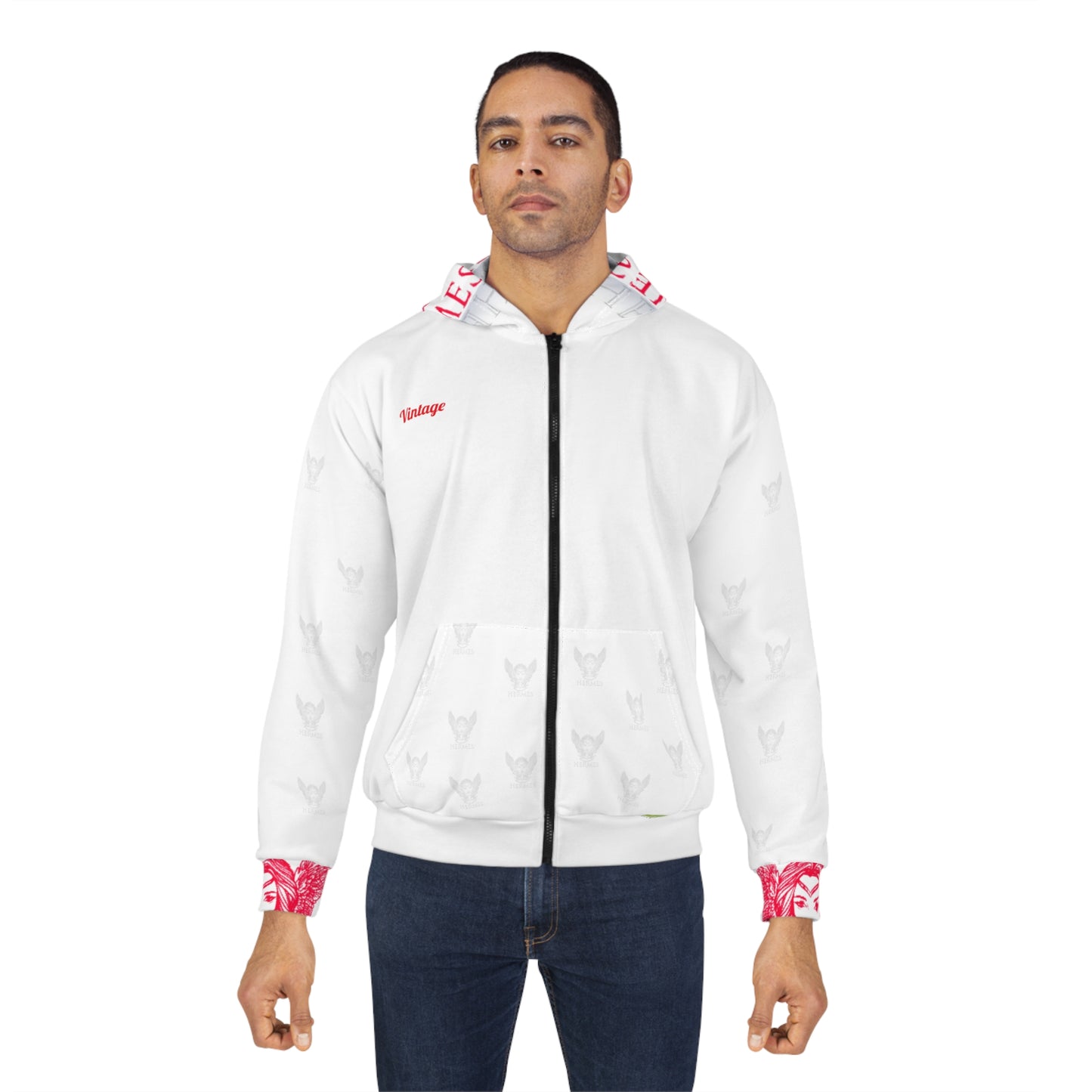 Vintage Red/White L.O.H. Art Lust Hermes Unisex Zip Hoodie (AOP)