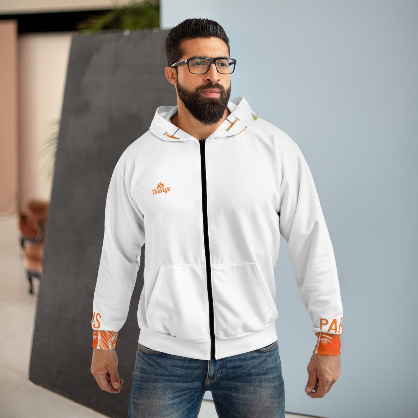 Vintage Orange L.O.H. Art Lust Hermes Unisex Zip Hoodie (AOP)
