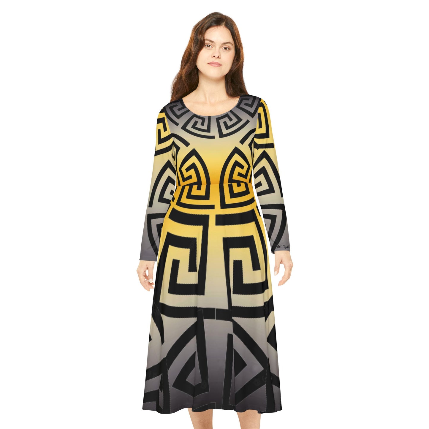 Women's Grey/Yellow Greek Pattern Art Lust Dance Dress (AOP)