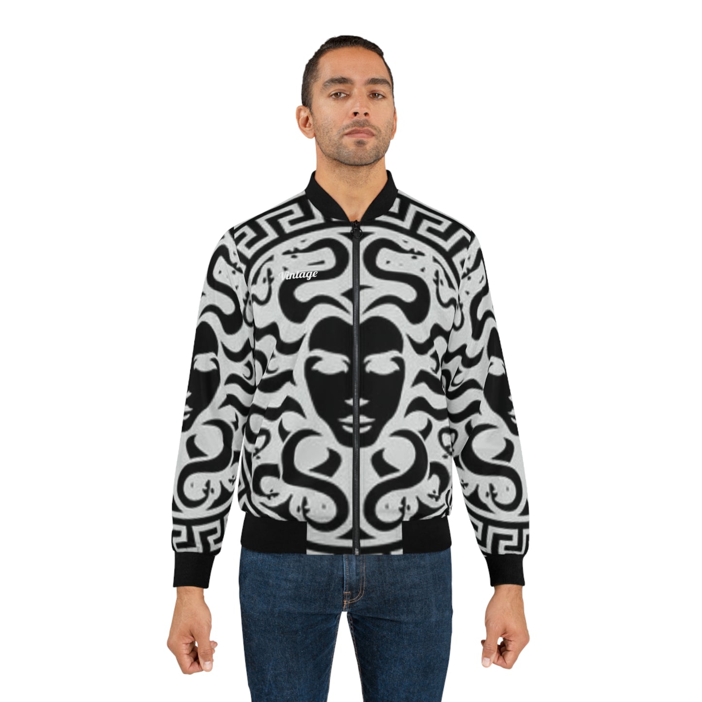 Men's White/Black Lion Madusa Bomber Jacket (AOP)