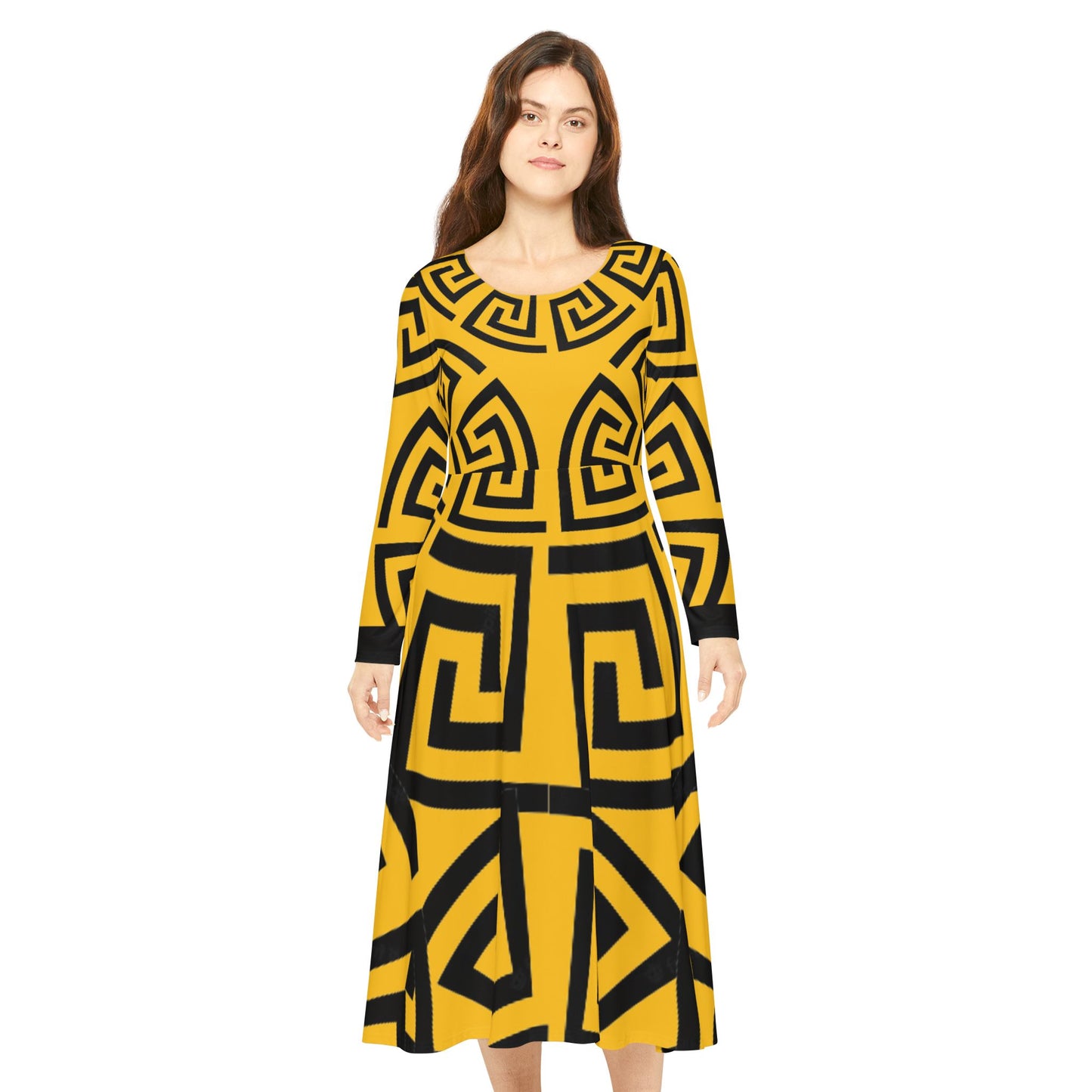 Women's Yellow/Black Greek Pattern Art Lust Dance Dress (AOP)