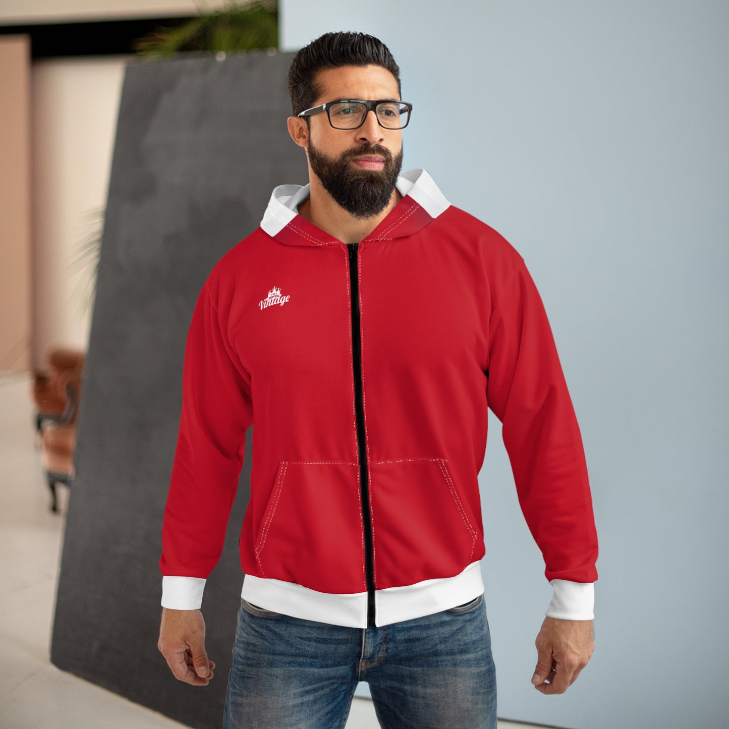 Vintage Red/White L.O.H. Art Lust Hermes Unisex Zip Hoodie (AOP)