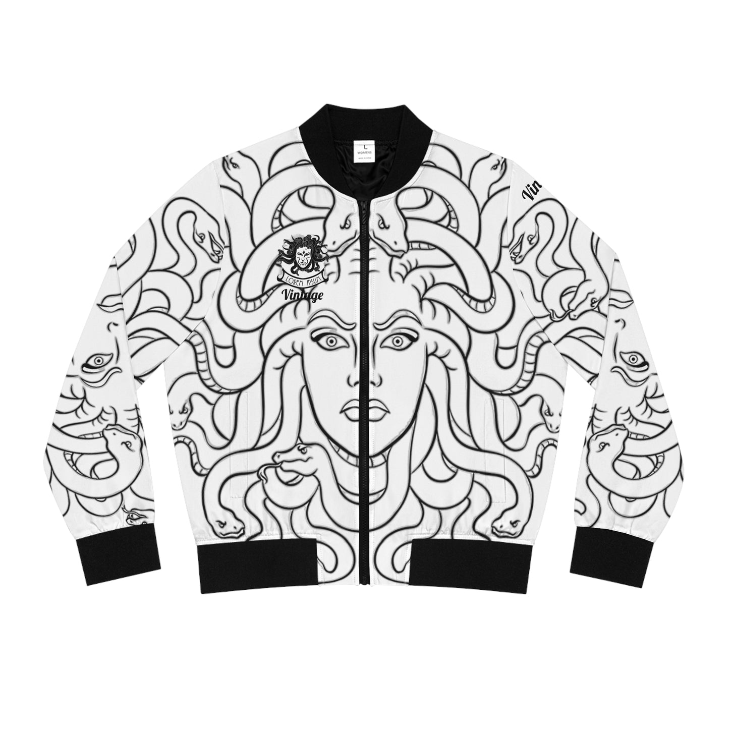 Women's Black on White Madusa Bomber Jacket (AOP)