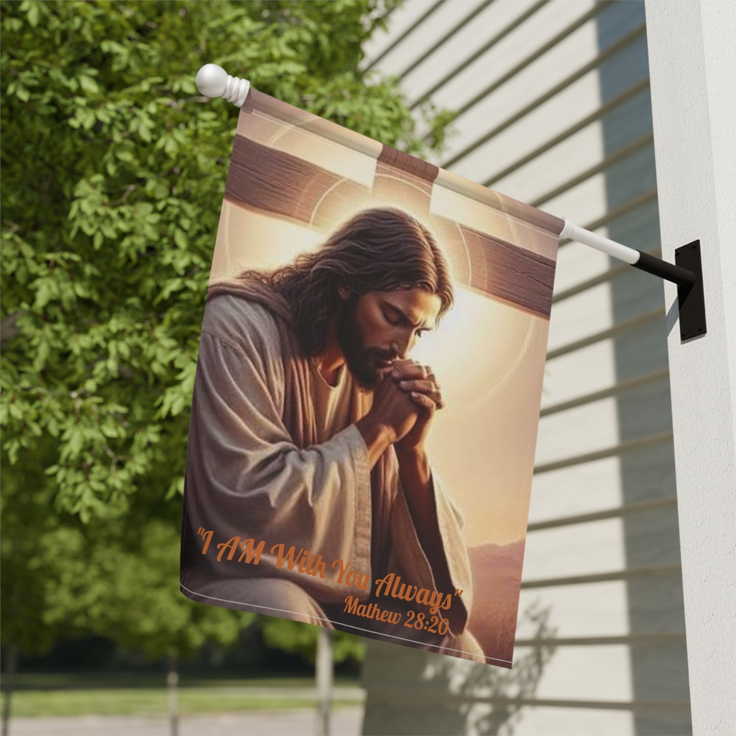 Praying Jesus Garden Flag - "I Am With You Always" Matthew 28:20 Decorative Yard Banner